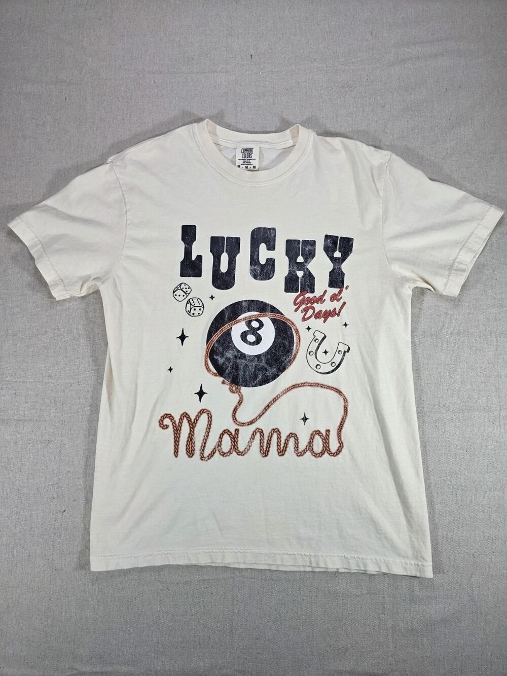 Comfort Colors Lucky Mama Graphic T-Shirt Medium Ivory Western Country 100%...